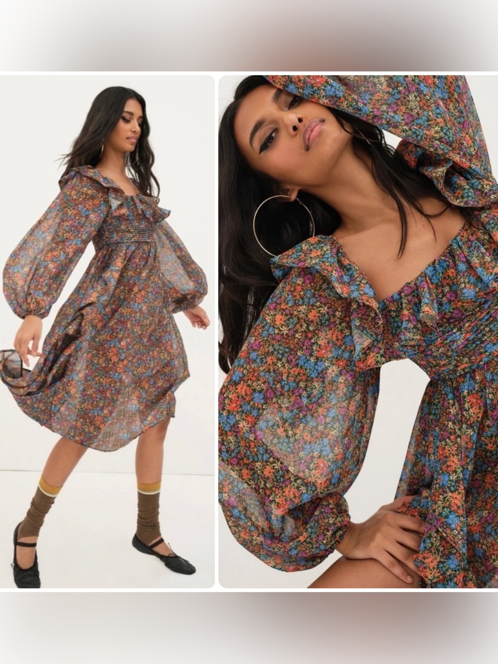 For Love & Lemons Brittany Floral Ruffle Smocked Side-Slit Midi Dress NWT $266 - Picture 4 of 7